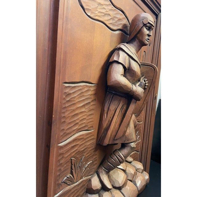 Wood Antique Architectural Panel Carved Wood Medieval Knight, 1950s For Sale - Image 7 of 10