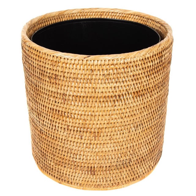 Wood Artifacts Rattan Round Waste Basket with Metal Liner in Honey Brown - 11" For Sale - Image 7 of 7