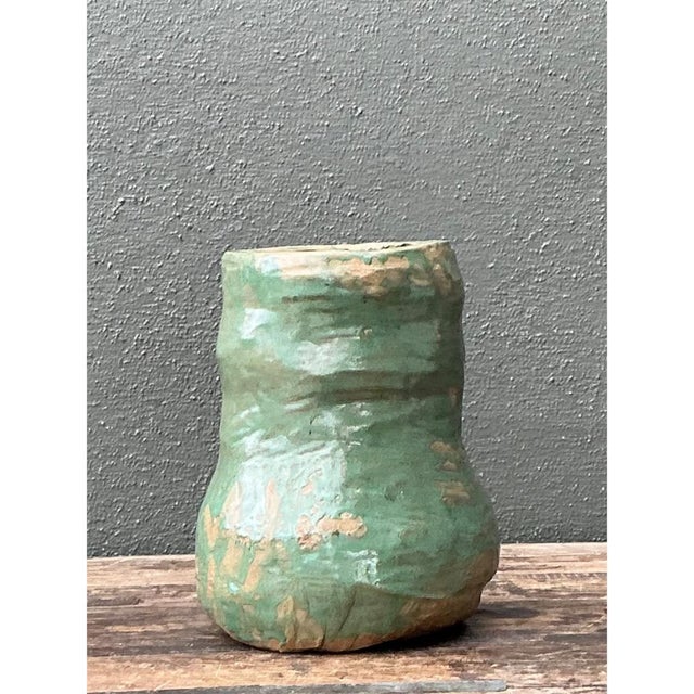 Contemporary Vintage Green Glazed Ceramic Vase For Sale - Image 3 of 12