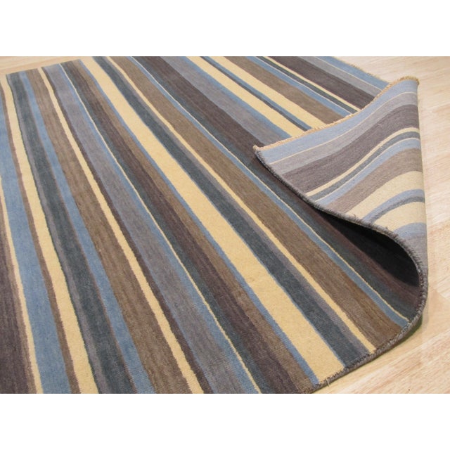 Mid-Century Modern 5' 6"x8' Blue Brown Modern Stripe Hand-Knotted Wool Rug For Sale - Image 3 of 4