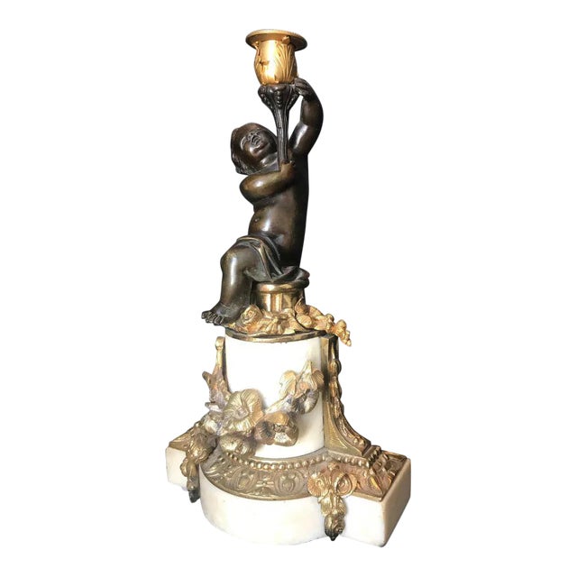 Louis XVI Style Putto Ormolu Patinated Bronze and Marble Candlestick For Sale
