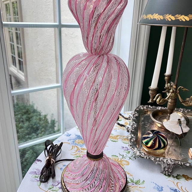 Italian Vintage Murano glass Latticino statement lamp // Blown glass // Venetian glass // pink and white // pink ribbon // table lamp // midcentury For Sale - Image 3 of 10