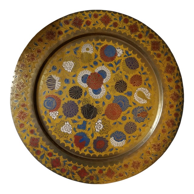 Vintage Engraved and Painted Florals on Brass Tray For Sale