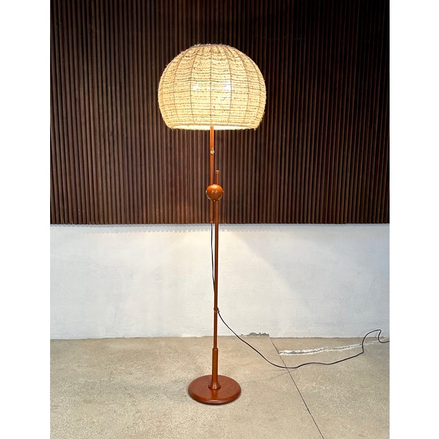 Large Height-Adjustable Teak Floor Lamp with Brass Details and Wool Lampshade from Temde Leuchten, 1960s For Sale - Image 4 of 18