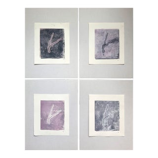 Pine Needles - Becoming 02_0-04 6*7 Original Collagraph Monoprint Art by Carrie Bergey - Black White Grey Purple- Set of 4 For Sale