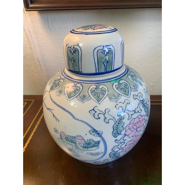 Vintage Asian Blue & White Ginger Jar With Floral & Bird Motif For Sale - Image 4 of 8