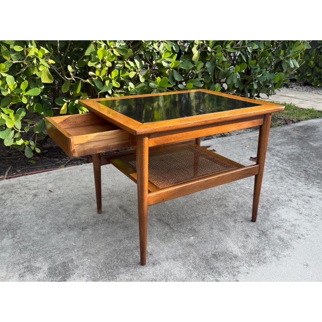 Wood Vintage American of Martinsville Mid-Century Walnut End Table With Cane Shelf, MCM For Sale - Image 7 of 12