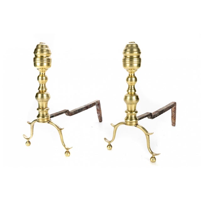 18th Century Ribbed Brass Andirons—A Pair For Sale - Image 4 of 6