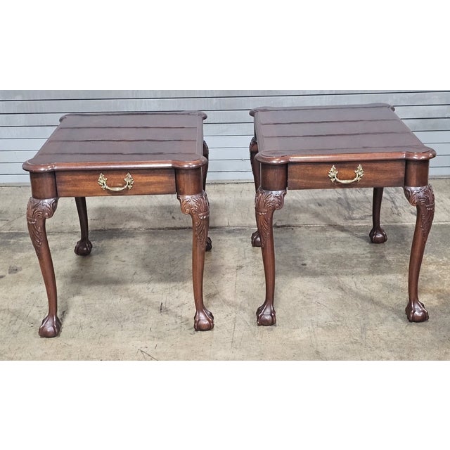 Store Item: Pair of Henkel Harris Chippendale Style Mahogany Claw & Ball Side Tables End Table Description: Crafted from...