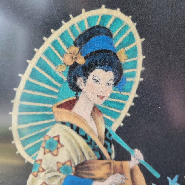 Vintage Geisha Painted on Black Felt in Matching Frames 1950s - Set of 2 For Sale - Image 6 of 12