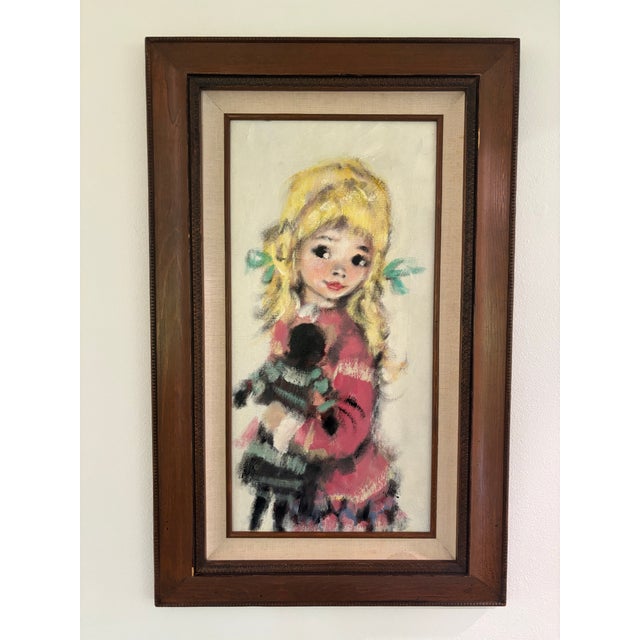 Vintage original oil painting signed Koros, depicting a wide-eyed child holding a doll in the distinctive mid-century “big...