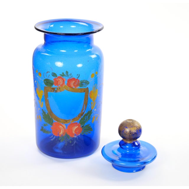 Mid-20th Century Italian Gilt and Hand-Painted Cobalt Blue Glass Apothecary Jars For Sale - Image 11 of 18