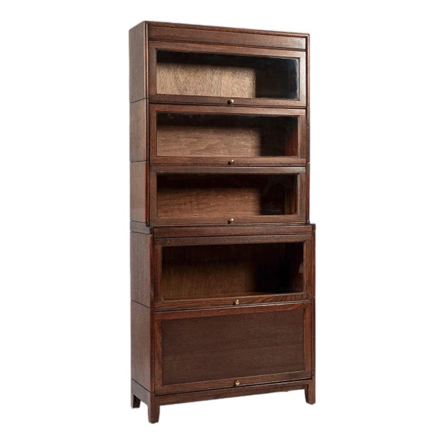 Antique English Tall Stepback Oak Wood Barrister Bookcase Cabinet For Sale