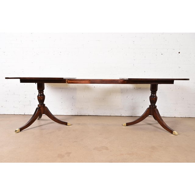 Baker Furniture Style Georgian Mahogany Double Pedestal Extension Dining Table, Newly Refinished For Sale In South Bend - Image 6 of 11