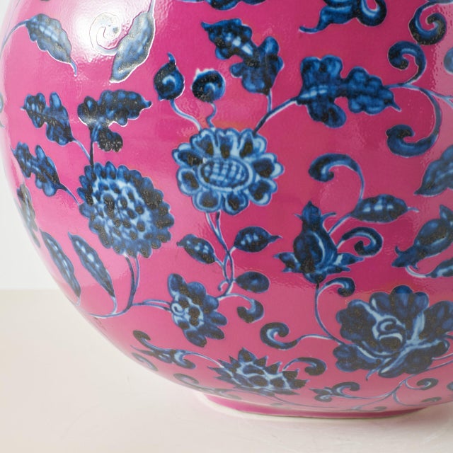 Ceramic Pink Moon Flask Shaped Vase with Blue Floral Motifs For Sale - Image 7 of 7