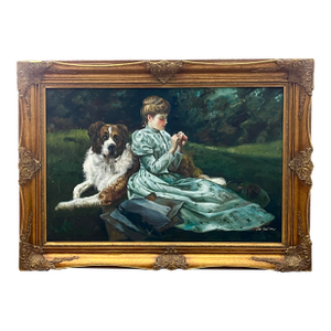 Large Vintage Oil Painting of a Victorian Style Woman With a Flower and Her St. Bernard Dog in a Landscape.