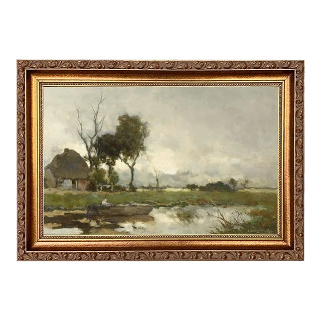 Dutch Landscape With Cottage Print on Canvas in Thin Gold Wood Frame- a 7" X 11" Print, Framed to 9" X 13" For Sale