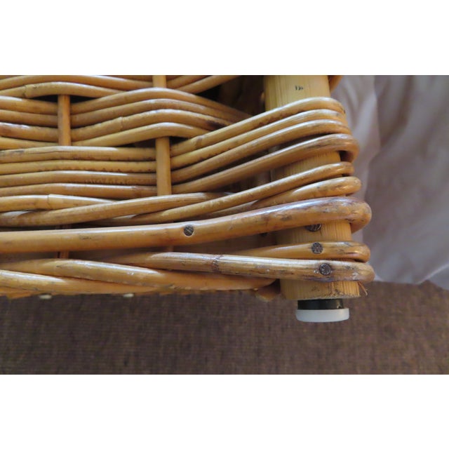 Cute Pair of Wicker Arm Chairs With Yellow & White Upholstery For Sale - Image 9 of 9