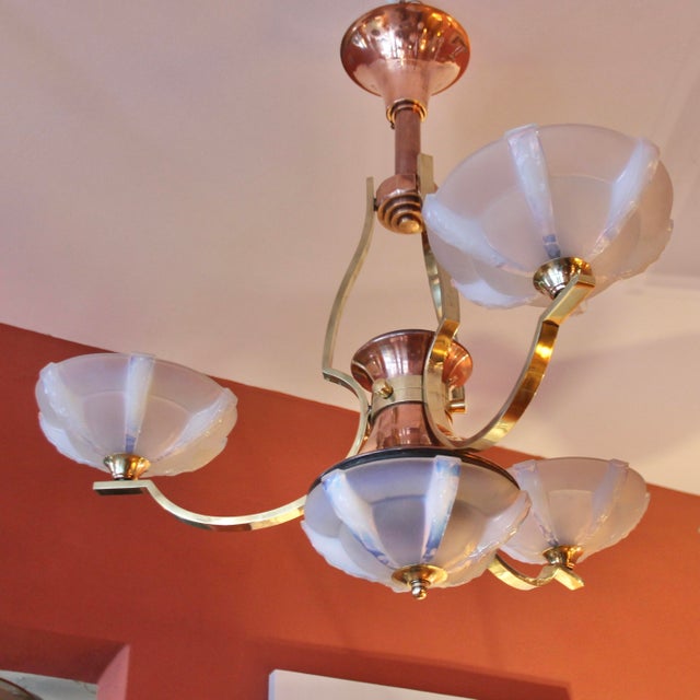 French Opalescent 3-Arm Chandelier in Brass and Glass from Petitot, 1930s For Sale - Image 16 of 16