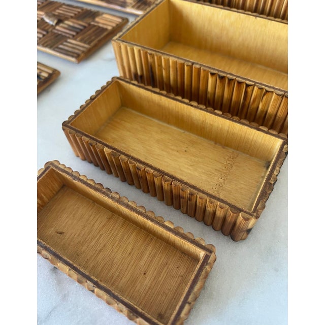 Tan Vintage Bamboo Parquet Boxes With Bamboo Root Pulls, Graduated - Set of 4 For Sale - Image 8 of 13
