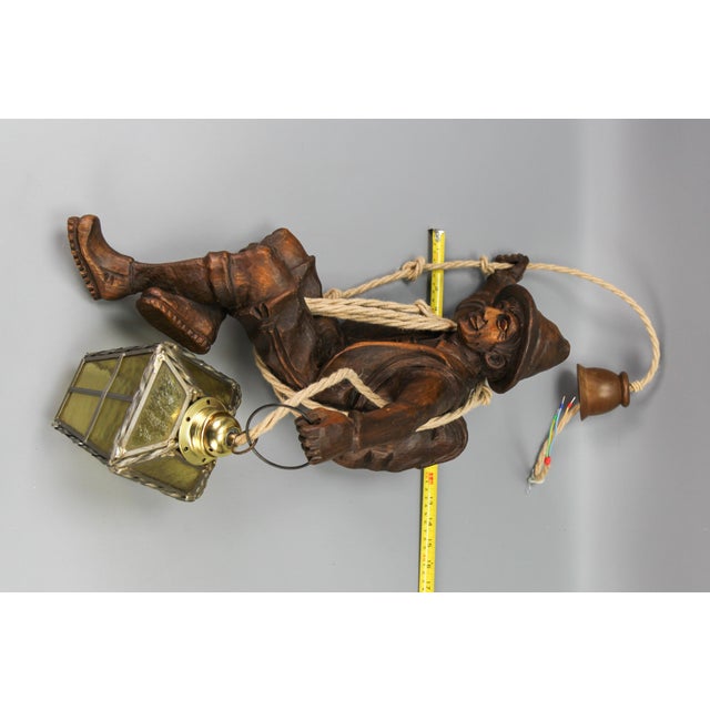 Large German Pendant Light Fixture with Carved Climber Figure and Lantern, 1930s For Sale - Image 16 of 18