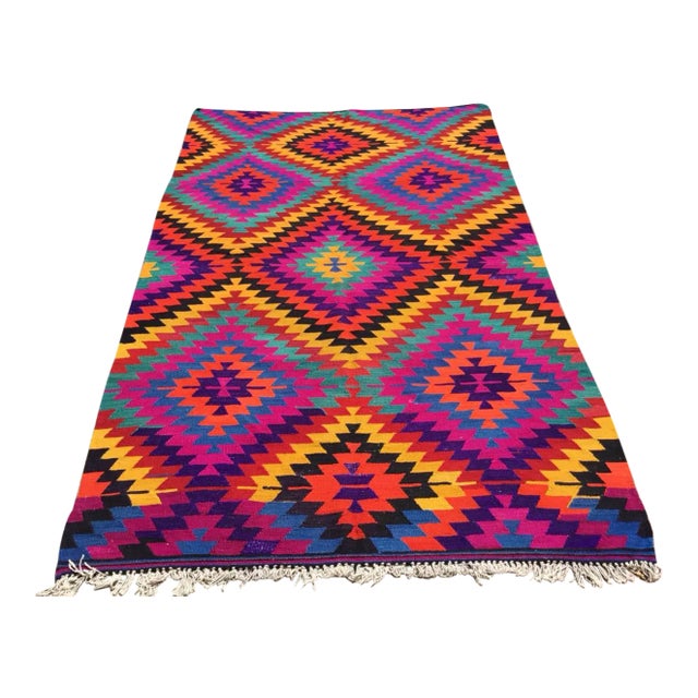 Vintage Diamond Design Kilim Rug - 66" X 113" For Sale