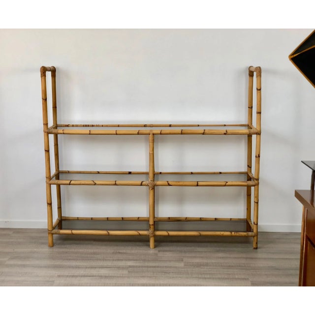Bamboo Rattan & Smoked Glass Console Bookcase, Italy, 1960s For Sale - Image 3 of 13