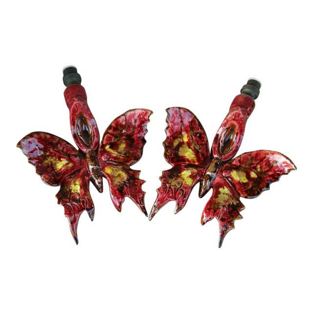 C1930's French Art Deco Painted & Glazed Ceramic Butterfly Sconces -In the Manner of Duval Brasseur/ Isabelle Favre - a Pair For Sale