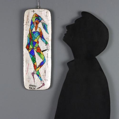 Rectangular plaque with rounded corners in enameled copper. Polychrome enamel decoration depicting Harlequin. Signature at...