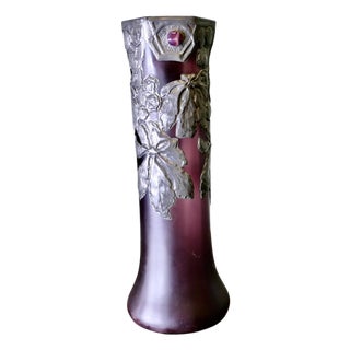 French Art Nouveau Amethyst Vase with Pewter Overlay, 1900s For Sale