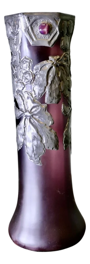 French Art Nouveau Amethyst Vase with Pewter Overlay, 1900s