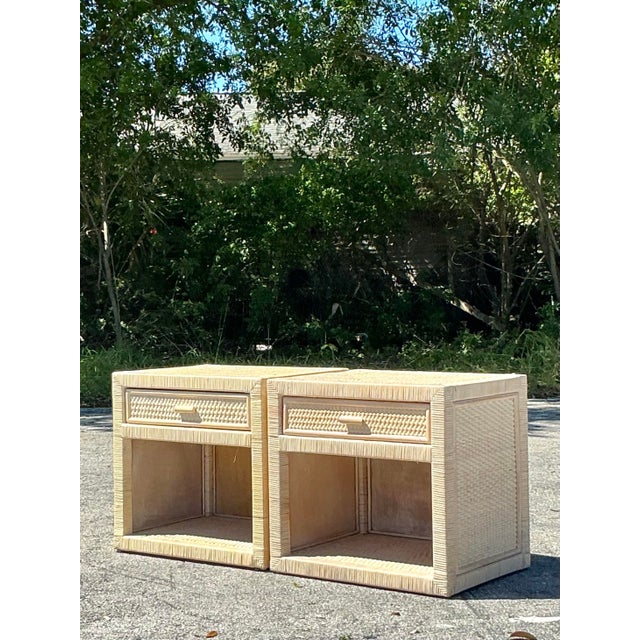 Wood Vintage Coastal Wrapped Rattan Nightstands - A Pair For Sale - Image 7 of 7
