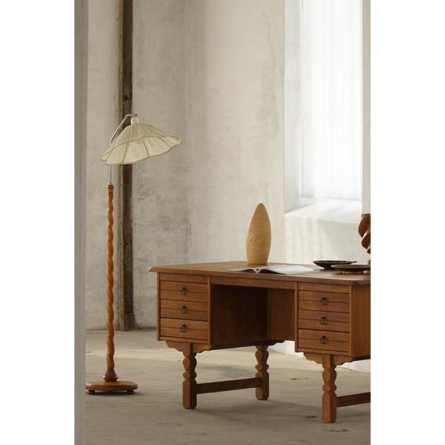 Mid-Century Swedish Floor Lamp with Turned Birch Base and Pleated Shade, 1940s For Sale - Image 3 of 18