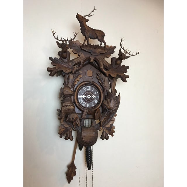 Large Hand Made German Black Forest Cuckoo Clock Rabbit, Bird Stag Horn