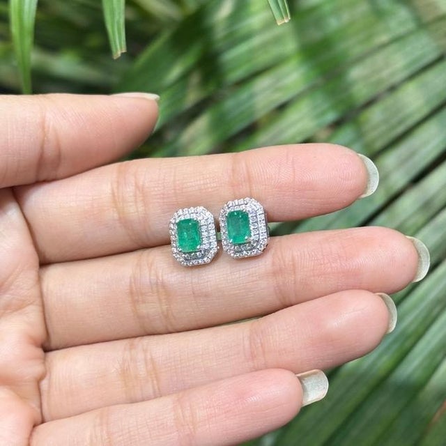 1.3Ct Emerald and Diamond Double Halo Stud Earrings in 14k Gold- A Pair For Sale In New York - Image 6 of 16