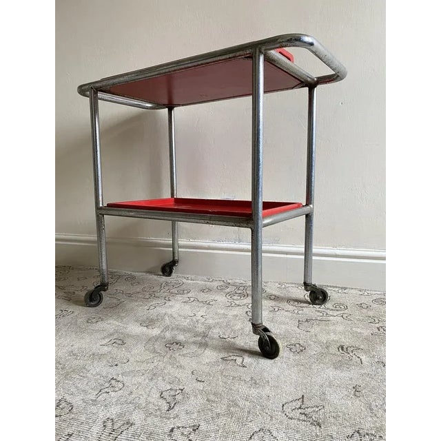 Wood Modernist Bar Cart in Tubular Steel with Red Lacquered Wooden Trays, 1950s For Sale - Image 7 of 13