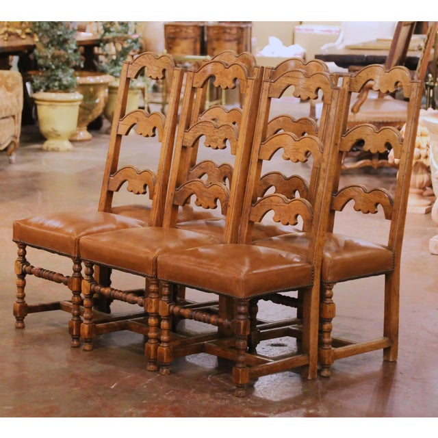 Set of 6 French Louis XIII Oak Ladder Back Dining Chairs With Leather Seats For Sale In Dallas - Image 6 of 11