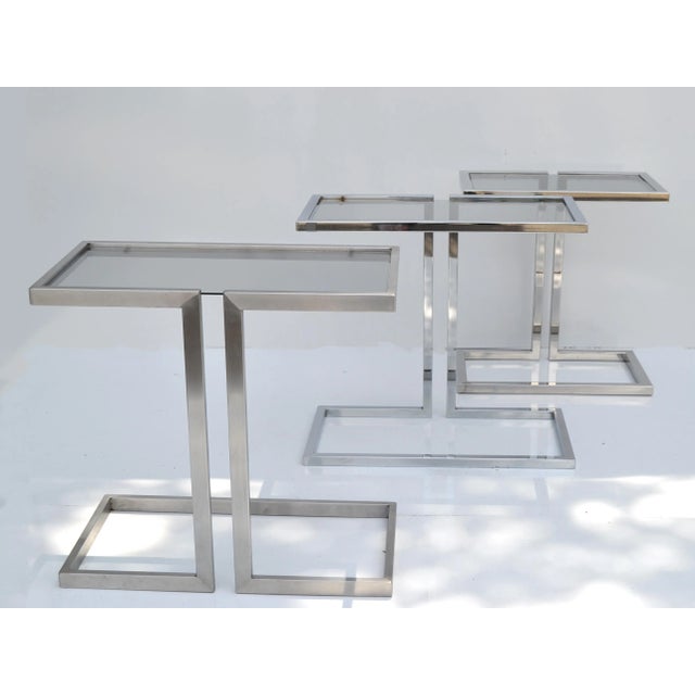 Mid-Century Modern Guy Lefèvre 3 French Mid-Century Modern Silver Finish & Smoked Glass Top Drink Table For Sale - Image 3 of 13