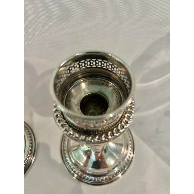 1960s 1960’s-1970’s Vintage Garden Silversmiths Sterling Silver Etched Glass Hurricane Candleholders - A Pair For Sale - Image 5 of 11