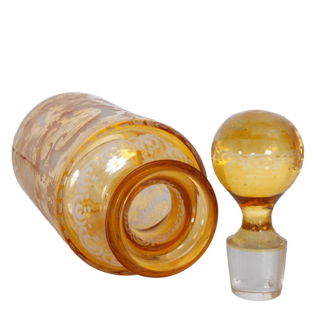 Antique Pair 19th Century Etched Bohemian Amber Glass Wine Liquor Decanters 1880 For Sale - Image 13 of 15
