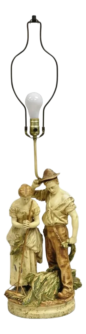 Vintage French Figural "Farmer Husband and Wife Praying Over Crops" Table Lamp
