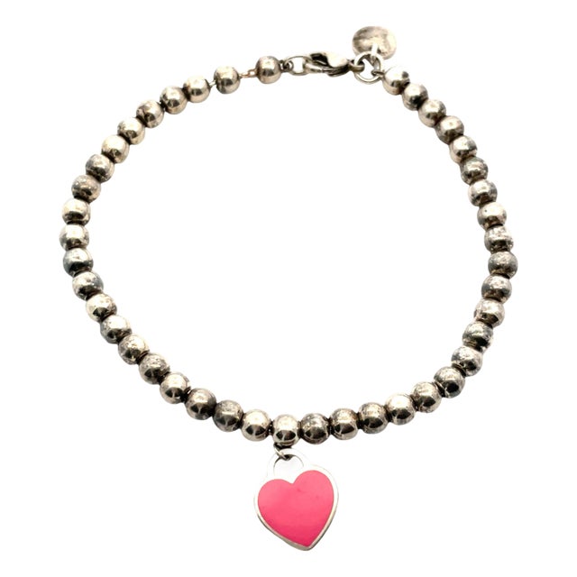 Mid 20th Century Tiffany & Co. Vintage Silver Heart & “Return to Tiffany” Bead Bracelet For Sale
