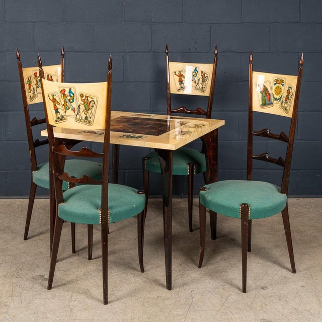 Striking and highly decorative dining set by Aldo Tura, Italy, comprising a square dining table and four matching chairs....