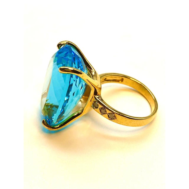 Metal Bochic “Capri” Vintage Oval Shape Blue Topaz Diamond Set In 18K Gold & Silver For Sale - Image 7 of 14