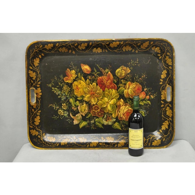 Antique French Country Tole Metal Hand Painted Floral Large Serving Platter Tray. Circa Early 20th Century. Measurements:...