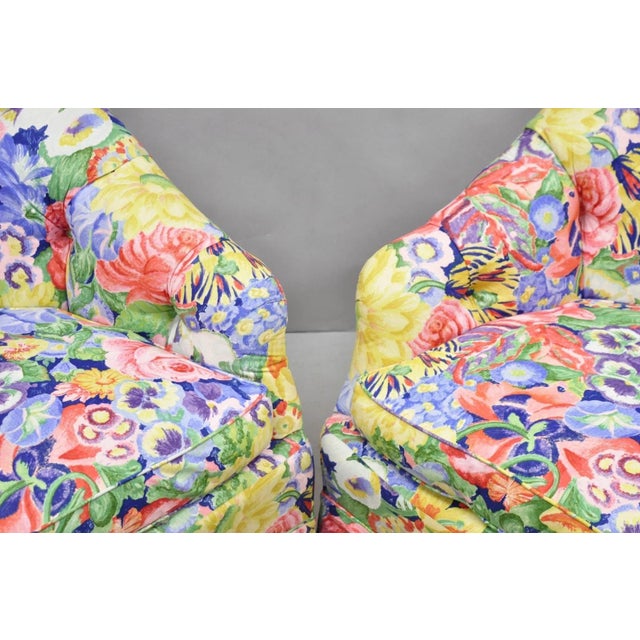 Vintage English Regency Floral Chintz Tufted Rolled Arm Club Lounge Chair - Pair For Sale - Image 10 of 12