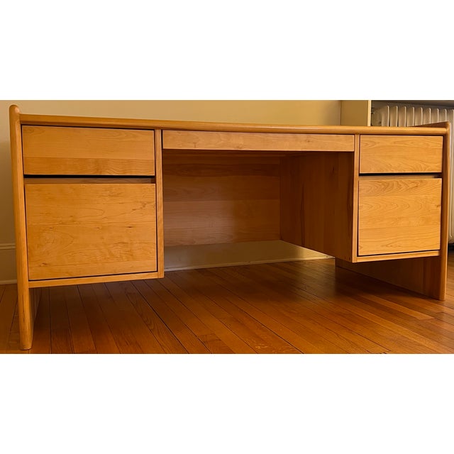 Mid-Century Modern Solid Wood Pedestal Executive Desk, Five Drawers, Raised Edge For Sale - Image 4 of 18