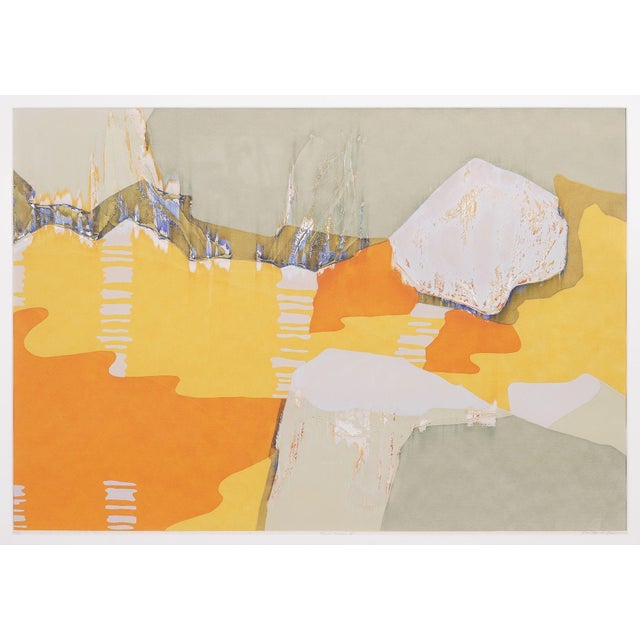 Abstract mixed media monotype in shades of green, gray, orange, and yellow. Barbara Romney with Isabel Fields were the co-...