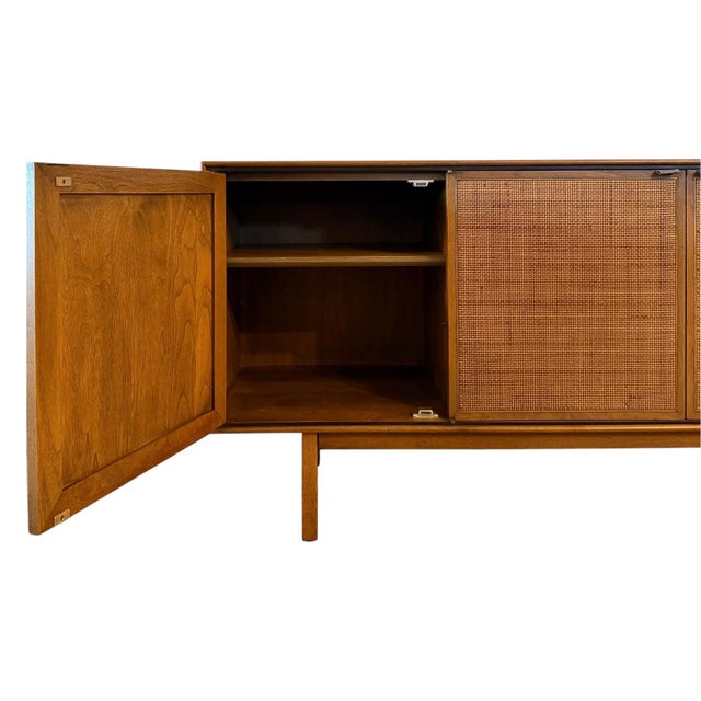1950s 1950s Mid-Century Modern Cane and Walnut Credenza and Wall Cabinet by Jack Cartwright for Founders - Set of 2 For Sale - Image 5 of 11