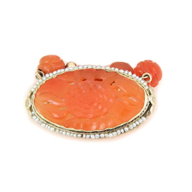 Late 20th Century Vintage Carnelian Seed Pearls Oval Pendant 14k Gold Carved Bead Necklace For Sale - Image 5 of 7